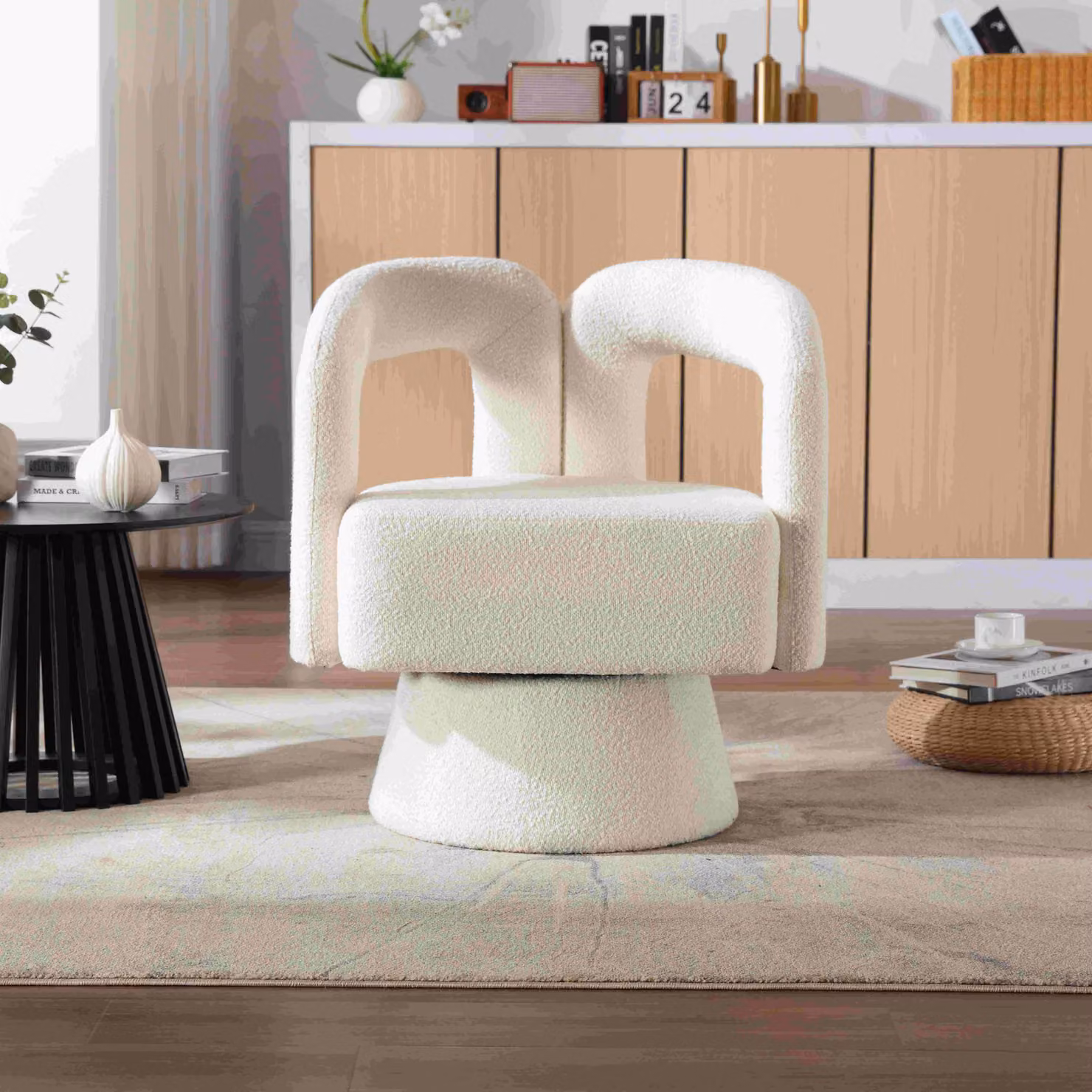 Poltrona Girevole Gomyway in Stoffa Bouclé Beige con Design a Botte per Salotto e Ufficio – 2