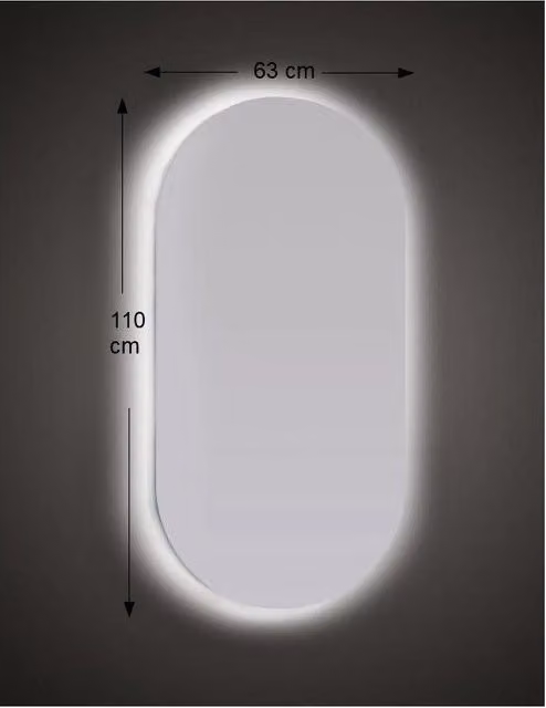 Specchio da Parete Sagomato 63x110 cm spessore 4 mm con Illuminazione a LED e Telaio in ABS Nero