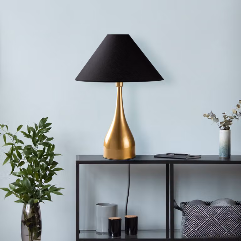 Opviq, elegante lampada da tavolo con struttura in metallo, oro e nero, 50 x 50 x 68 cm | Paralume in tessuto Ø 12-50, h: 25 cm | Attacco E27, max. 40 W | Ideale per ambienti alberghieri e abitativi, IP20.