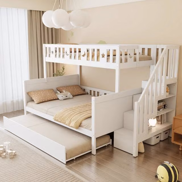 Letto a castello Mivray per bambini in legno e MDF bianco con letto estraibile, scala contenitore e vani laterali, L/P/H: 252 x 160 x 150 cm