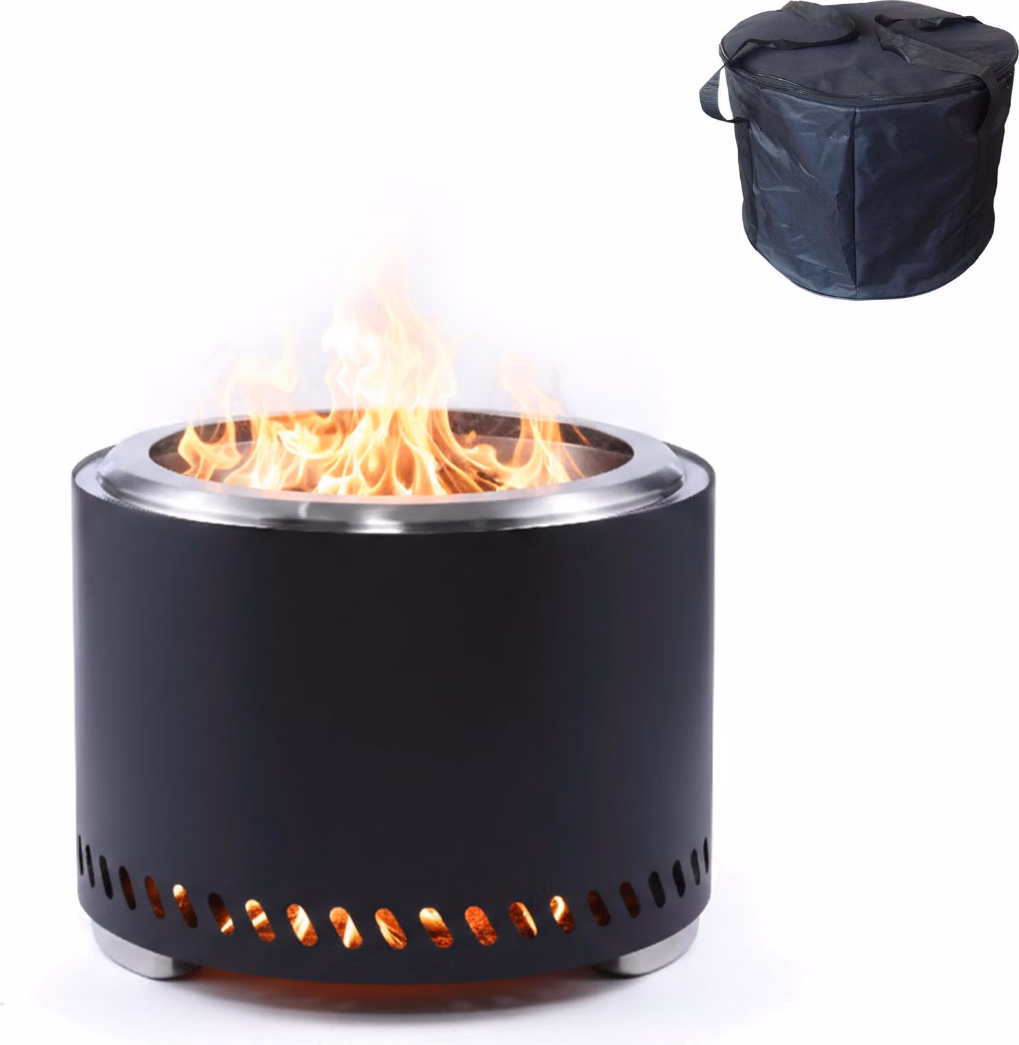 Relaxdays Braciere senza fumo, acciaio inossidabile, A x P 35 x 49,5 cm, contenitore per la cenere e borsa, braciere senza fumo, nero