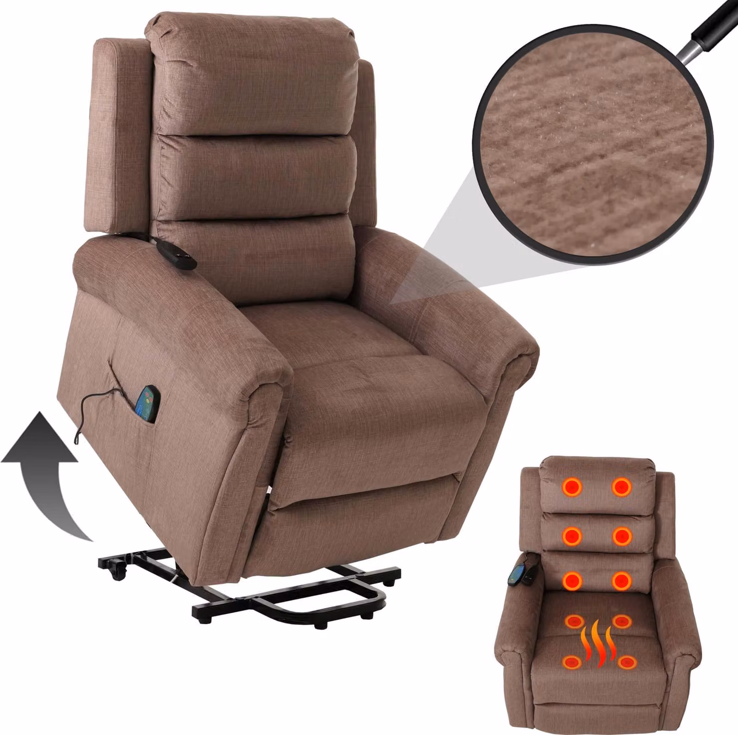 Poltrona TV HWC-K63, poltrona relax, funzione reclinabile, ausilio per alzarsi, funzione massaggio, funzione riscaldamento, tessuto 220 g/m² ciniglia ~ marrone