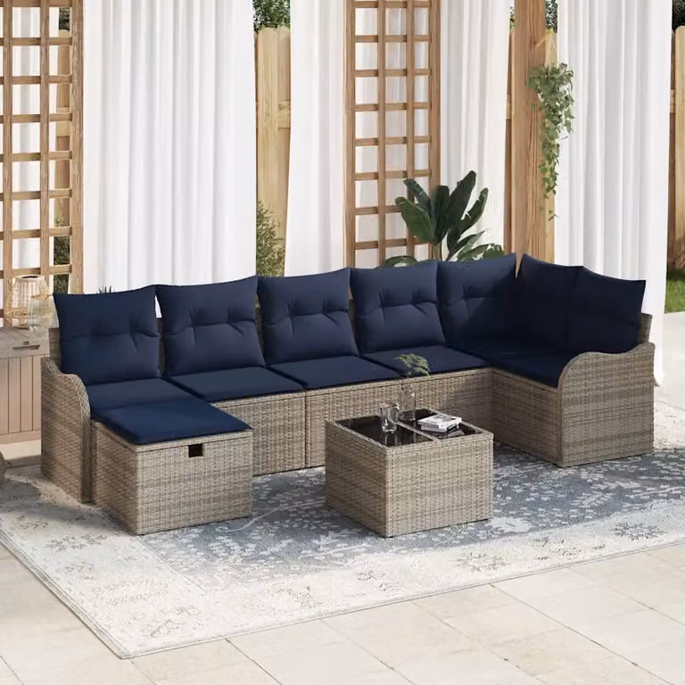 Set di divani da giardino a L vidaXL con cuscini Grigio e Blu Navy in rattan e metallo