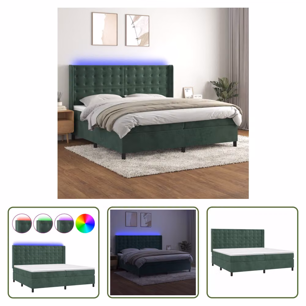 The Living Store Letto a molle con materasso e LED Verde scuro 200x200 cm in velluto