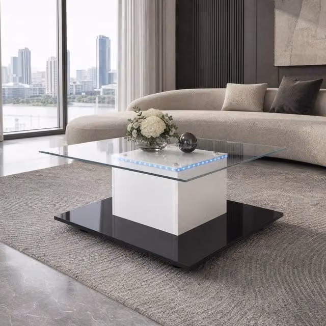 Tavolino da salotto ULEVR 80x80x40 cm con piano in vetro temperato, LED regolabile e ruote, bianco e nero