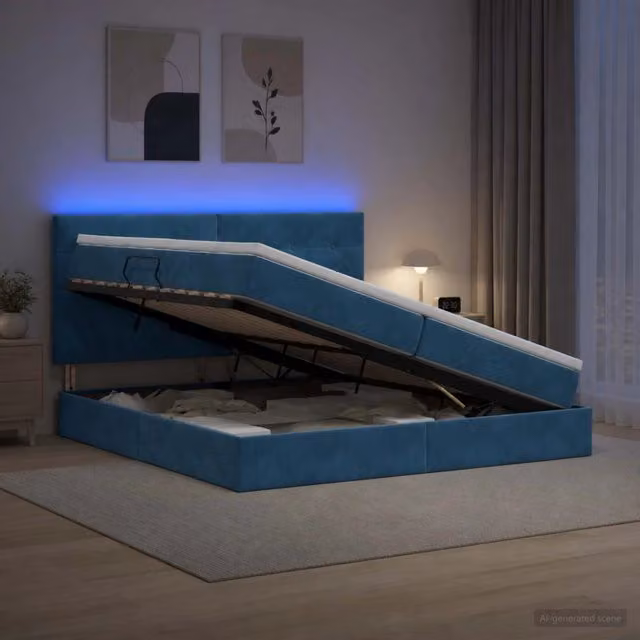 Letto con contenitore vidaXL in velluto blu con illuminazione LED e porta USB, L/P/H: 200 x 200 x 140 cm – 1