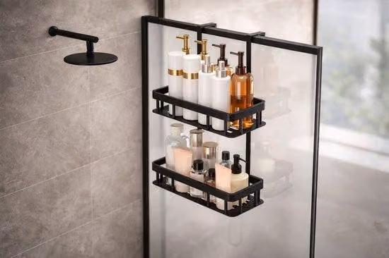 Gancio doppio nero da appendere per doccia – Supporto per doccia da montare sulla porta o sulla cabina doccia – Organizer da bagno senza forature