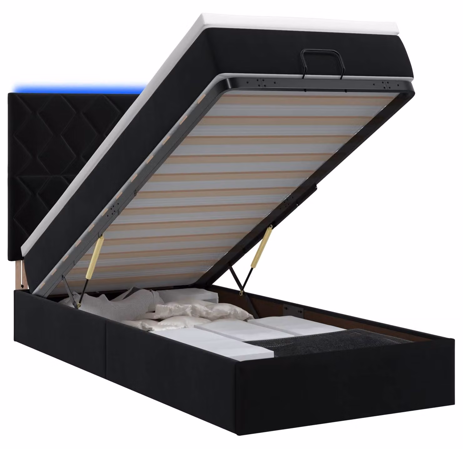 Panca contenitore con materasso e luci LED, colore nero, 90 x 200 cm, rivestita in velluto