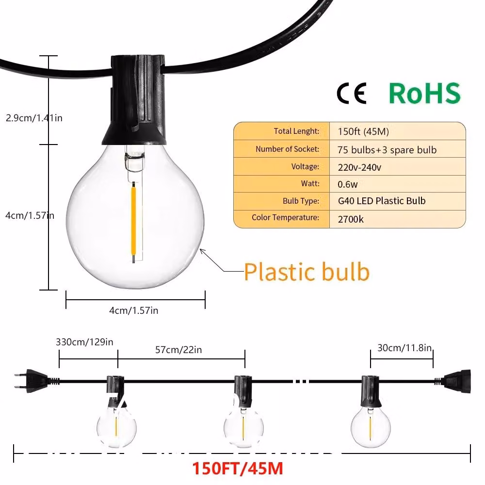 Catena luminosa a LED G40 - Illuminazione per esterni - 45 metri - Grado di protezione IP44 - Sfera in plastica - Spina europea - Ideale per giardino e terrazza