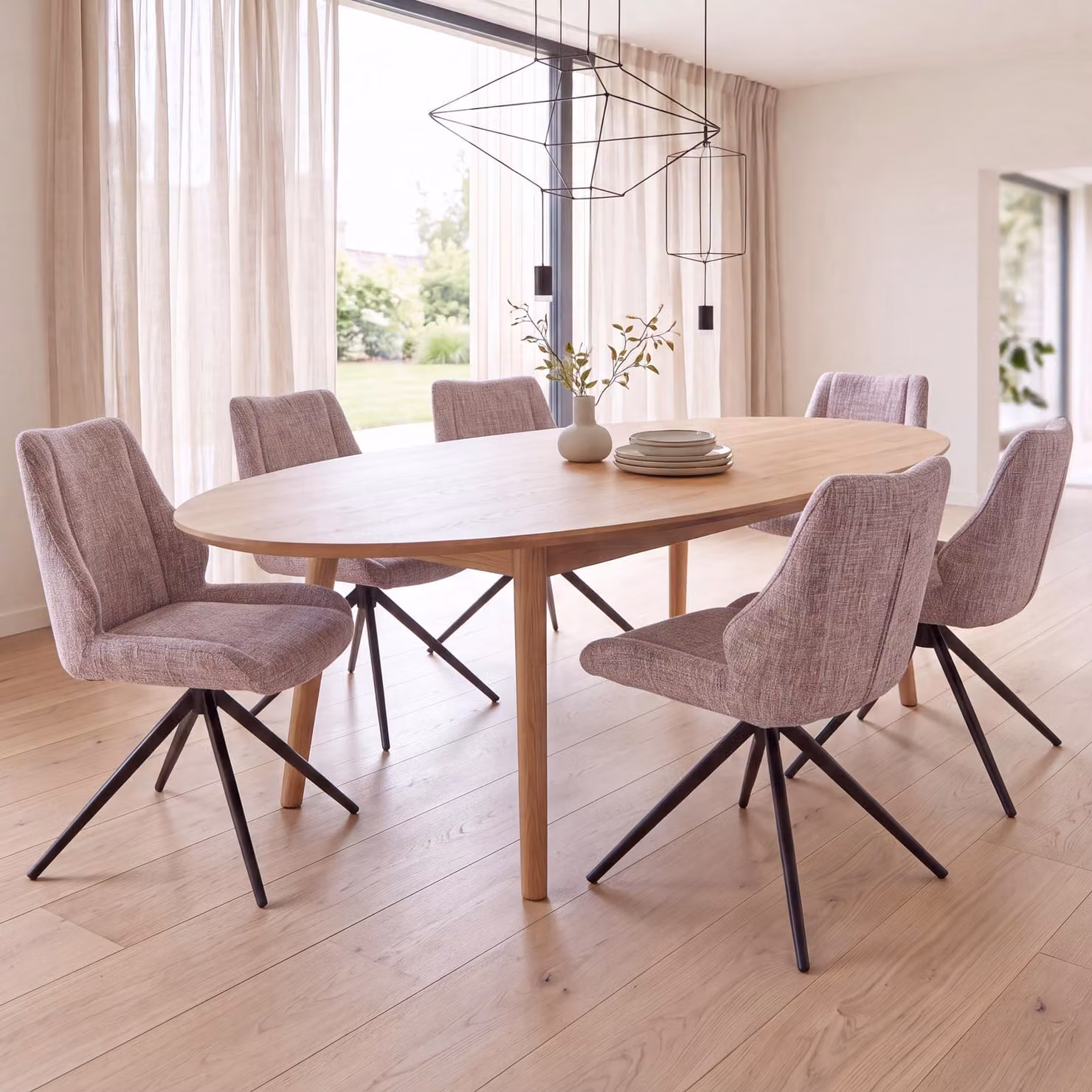 Set di 6 sedie da pranzo modello HWC-O48, sedie da cucina, girevoli con sistema di ritorno automatico, rivestite in tessuto chenille (410g/m²), colore rosa