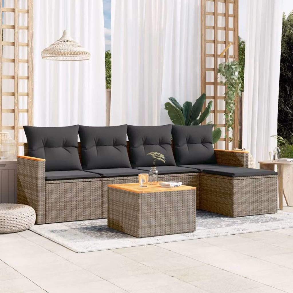 vidaXL Set Divano da Giardino a L in Polyrattan Grigio con Cuscini e Tavolino da 6 Pezzi – 1