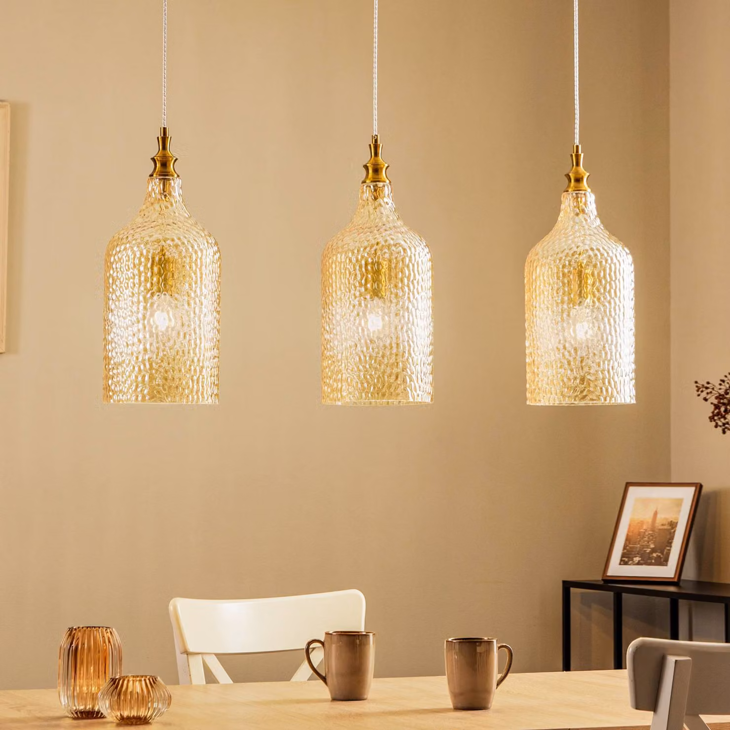 Lampada a sospensione in vetro Drakar Lindby, dimmerabile, Crema / Ambra, Soggiorno / Sala da pranzo, Vetro, Vintage, Lampada a sospensione