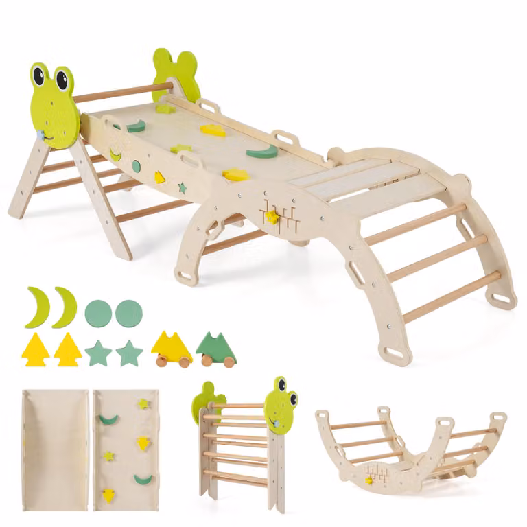 Set di 3 strutture per arrampicata indoor COSTWAY, triangolo pieghevole con scivolo, arco di arrampicata, rampa bifacciale, set di mattoncini e 2 macchinine, per bambini da 1+