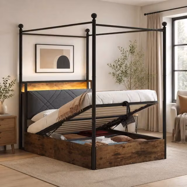 Letto in ferro 90x190 cm con baldacchino rimovibile; vano contenitore idraulico; LED e USB/Type-C; nero