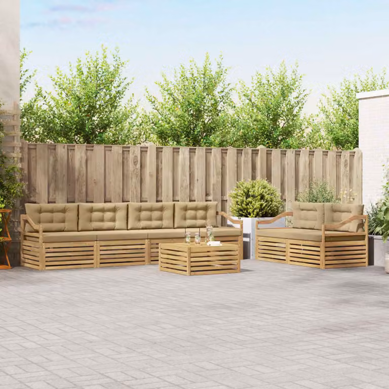 Set di divani da esterno vidaXL 7 pezzi a forma di L con tavolino da caffè, colore bianco e beige, in legno di acacia e poliestere resistente ai raggi UV