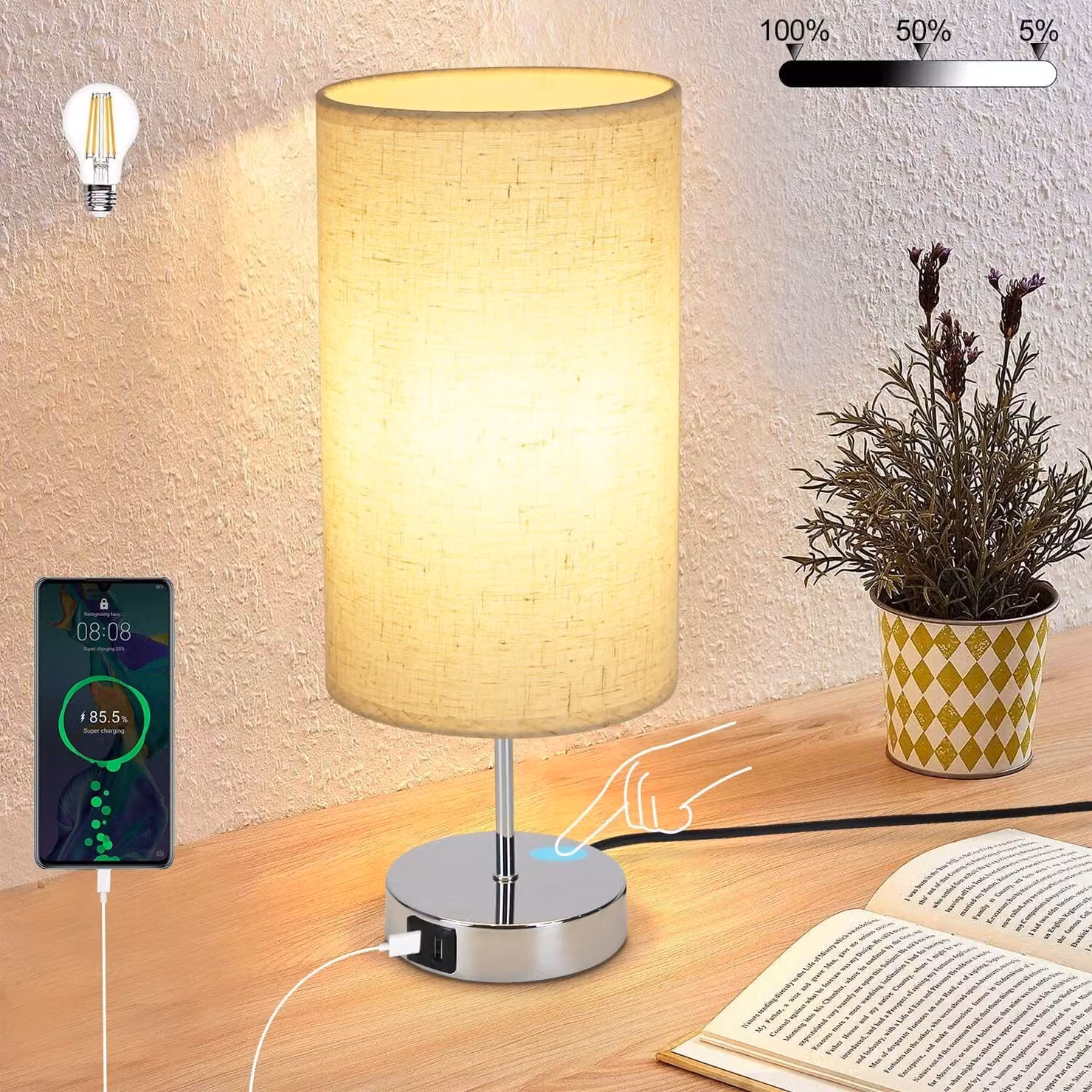 ZMH Lampada da tavolo Soggiorno Lampada da comodino Vintage - 1pz Lampada da tavolo cromata con funzione di ricarica USB E27 Luce notturna da camera da letto ricaricabile Lampada da tavolo touch dimmerabile bianco caldo con paralume in tessuto