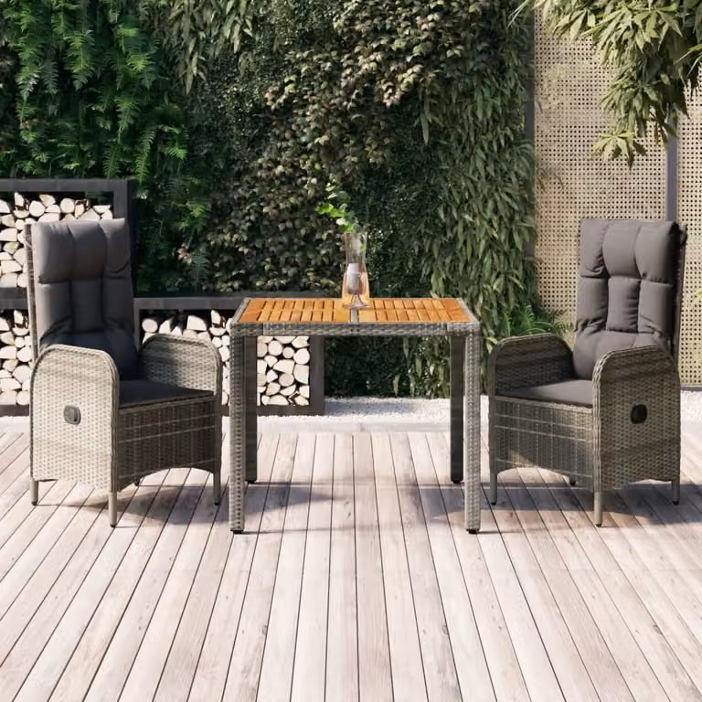 The Living Store Set da pranzo da giardino in 3 pezzi con cuscini in poly rattan grigio