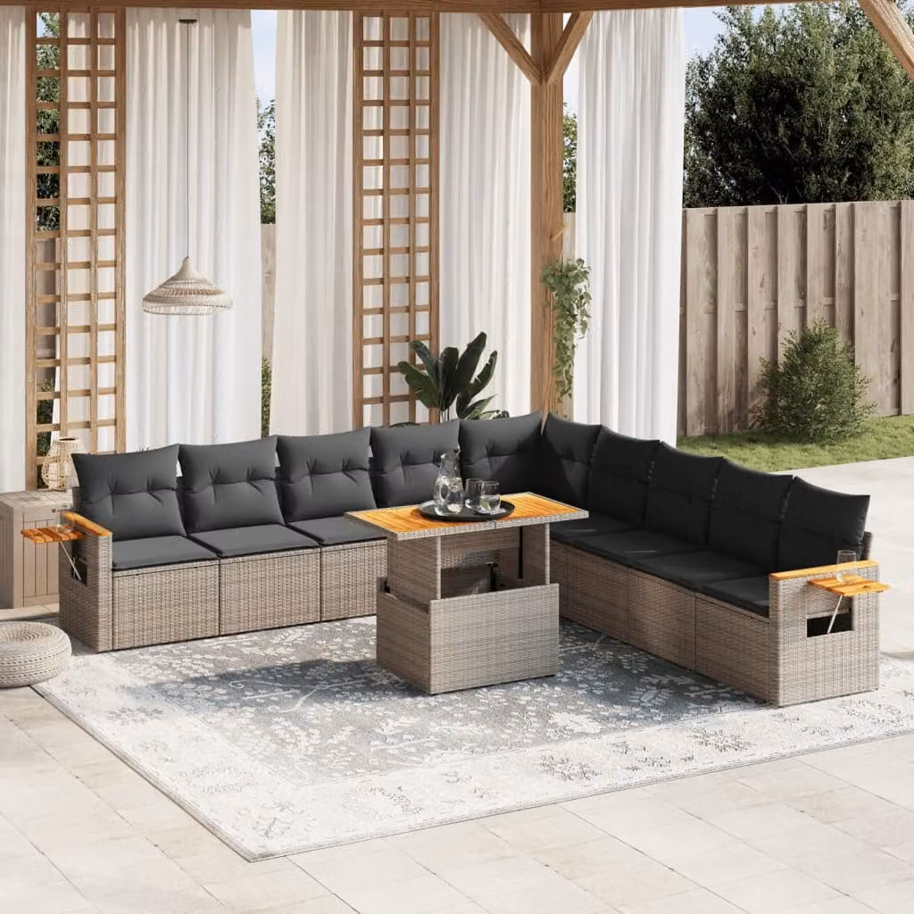 vidaXL Set Divani da Giardino 11 pz in Polyrattan Grigio con Cuscini e Tavolino da Esterno – 1