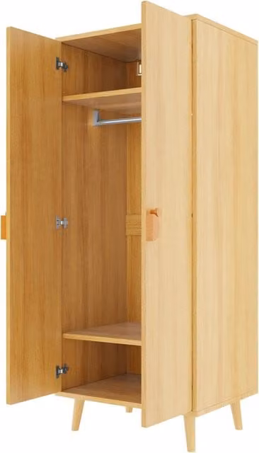 Armadio per cameretta in stile scandinavo con 2 ante, vano appendiabiti e 2 cassetti interni, colore beige e marrone, L: 140 cm, P: 55 cm, H: 170 cm