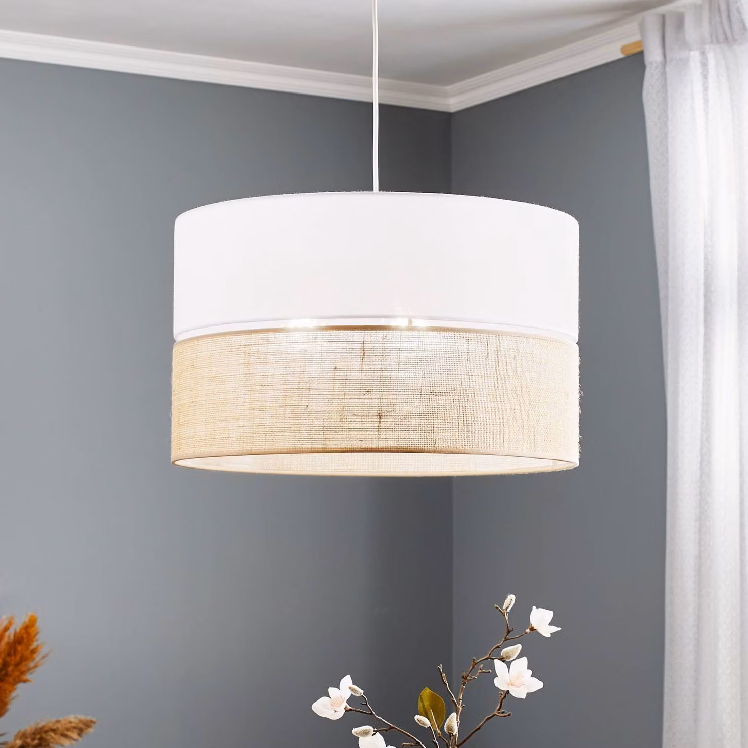 Lampada a sospensione Linobianco TK Lighting, dimmerabile, Bianco / Opale, Soggiorno / Sala da pranzo, Tessuto / Stoffa / Seta, Moderno, Lampada a sospensione