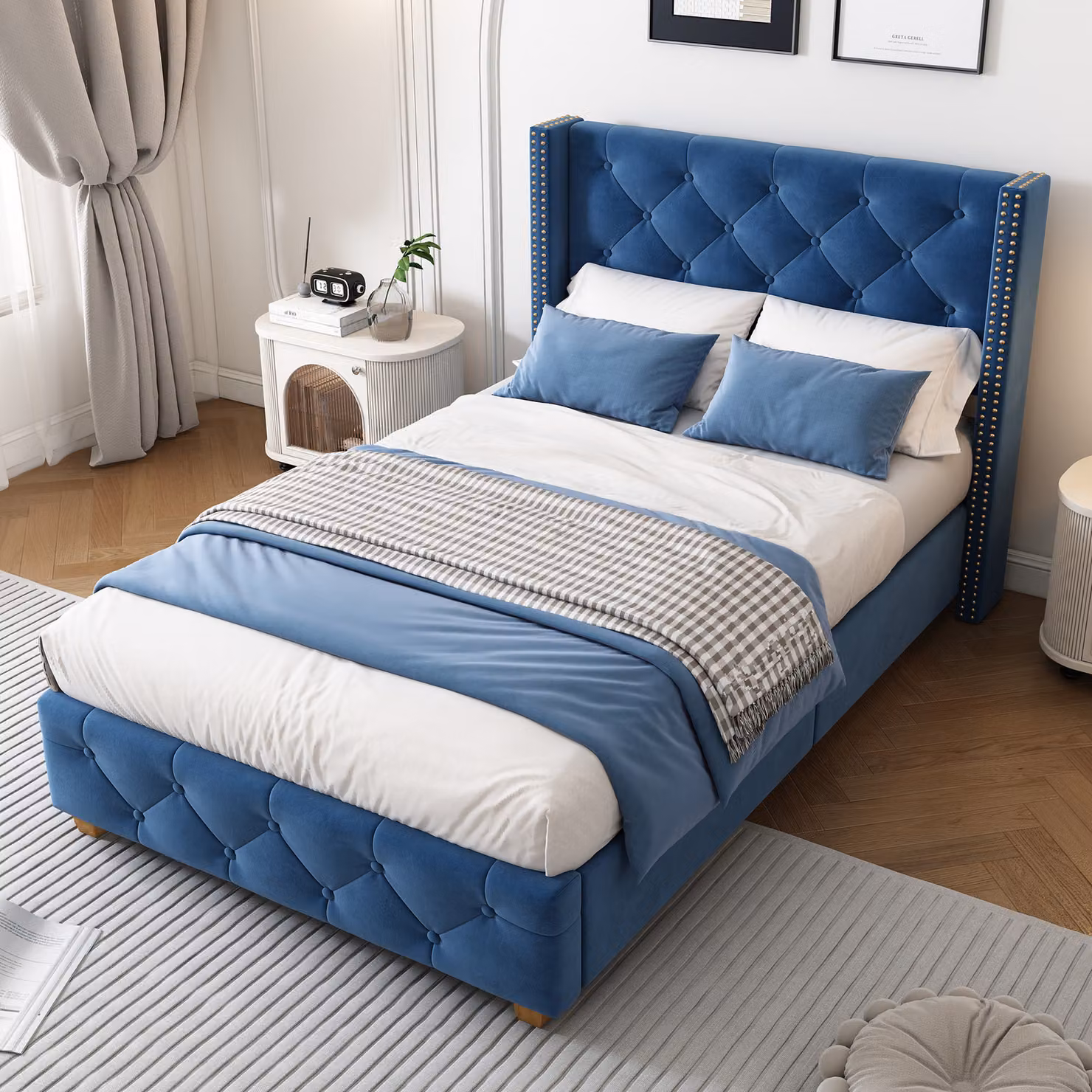Okwish Letto imbottito, letto singolo 90×200 cm con doghe e testata, bottoni, imbottitura con borchie, velluto, blu, senza materasso