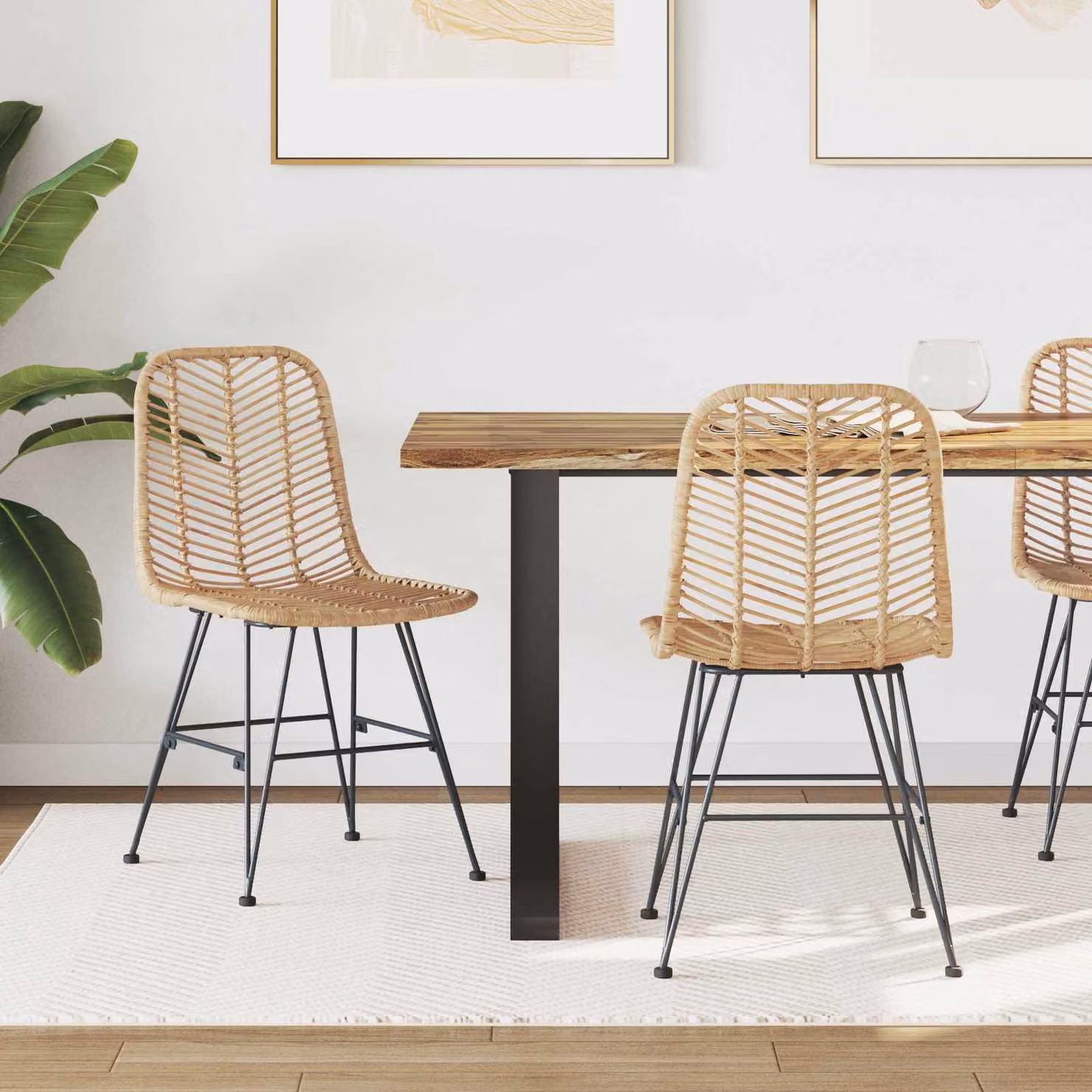 Set di 2 sedie da pranzo moderne vidaXL in rattan e metallo, Colore beige e nero, L/P/H: 44 x 54,5 x 85 cm
