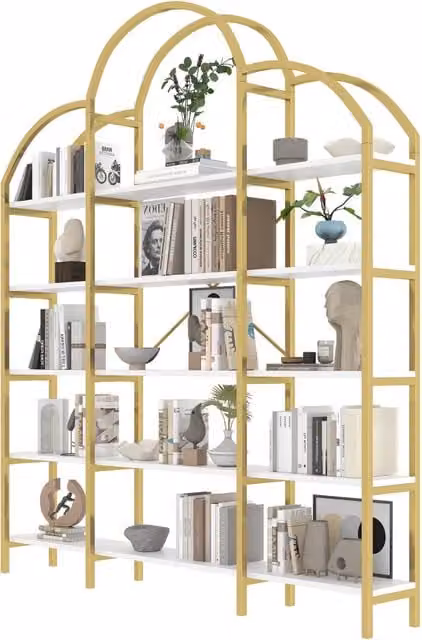 Scaffale moderno a 5 ripiani con decorazione a nuvola in MDF e metallo, Bianco e Oro, H: 190 cm, L: 170 cm, P: 26 cm