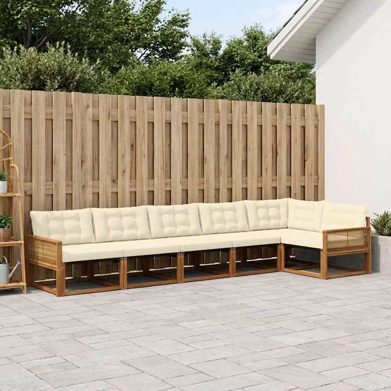 Set di divani da esterno vidaXL a forma di L composto da 6 pezzi in legno di acacia con cuscini in tessuto beige e marrone per giardino e terrazza