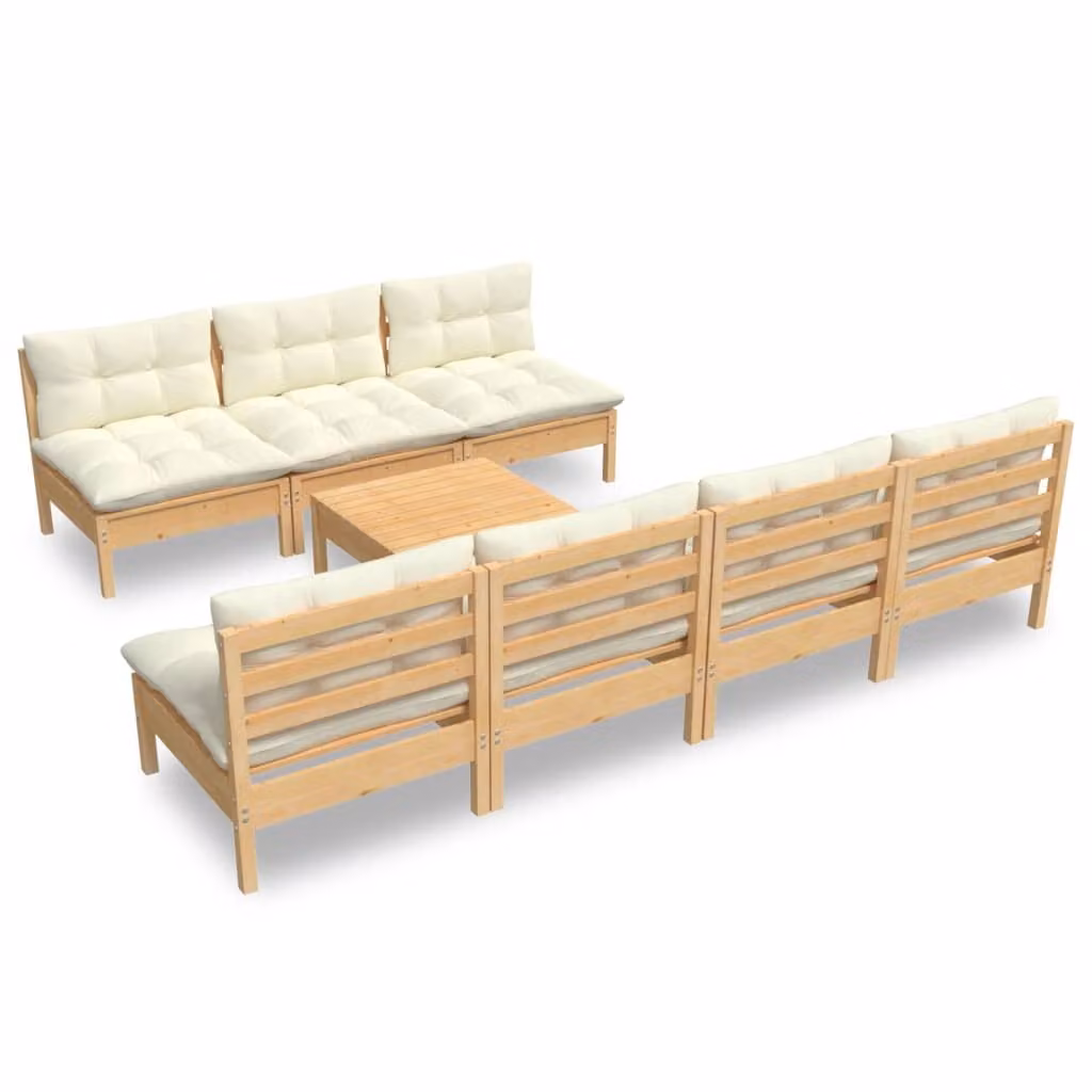 Set Salotto da Giardino 8 pz con Cuscini Crema in Legno di Pino