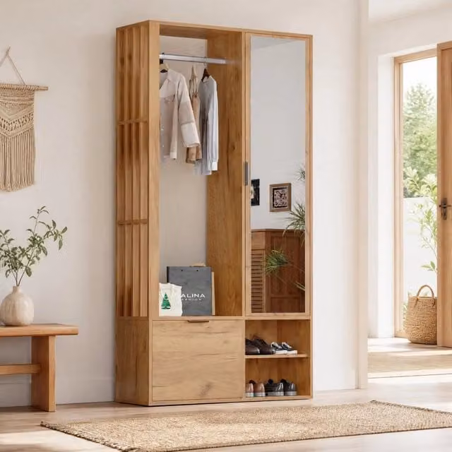 Armadio da ingresso REDOM con specchio, ripiani interni e appendiabiti, colore marrone, L: 100 cm, P: 33 cm, H: 190 cm
