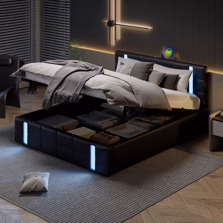 Letto imbottito CDGlobal 160x200cm con LED e USB, letto matrimoniale a molle insacchettate con rete a doghe e spazio di archiviazione, letto funzionale per ragazzi, PU, nero