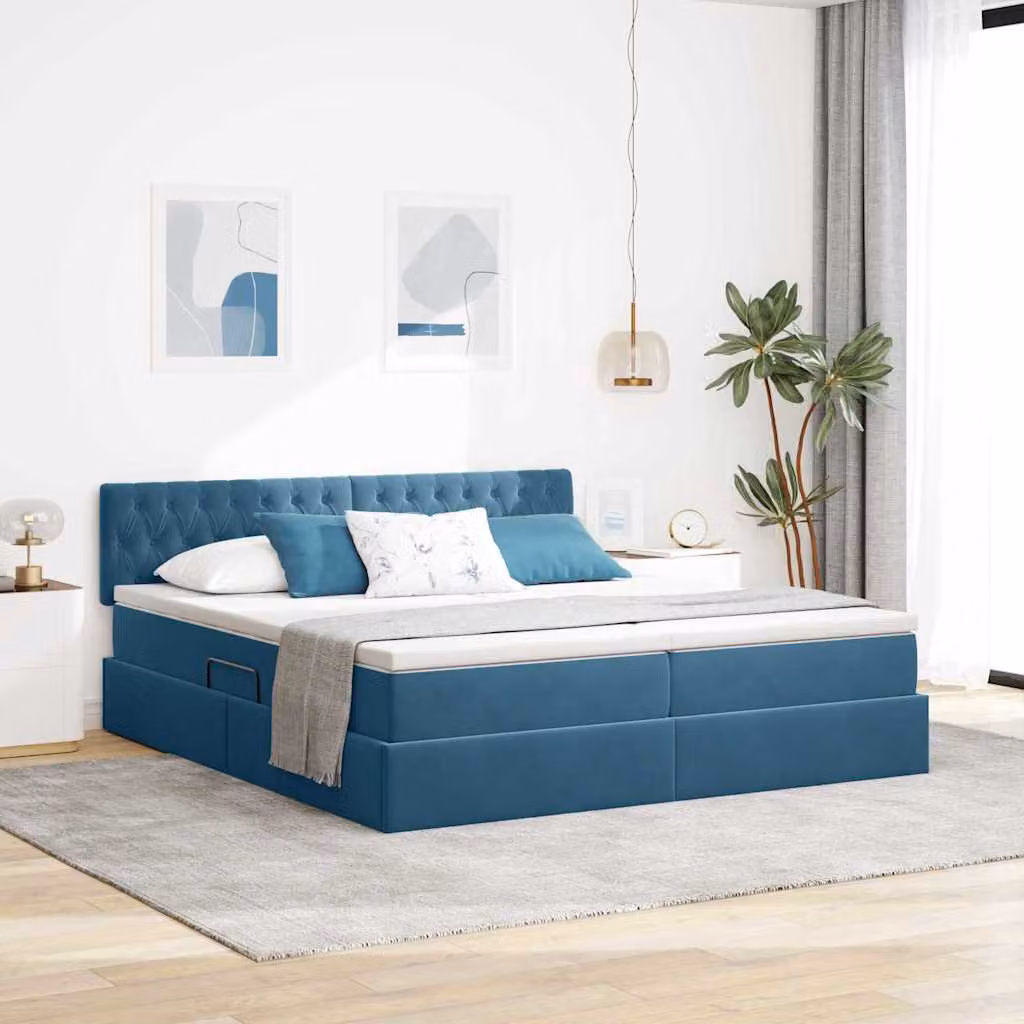 Letto con contenitore e luci LED vidaXL in velluto blu, L/P/H: 200 x 200 x 30 cm – 1