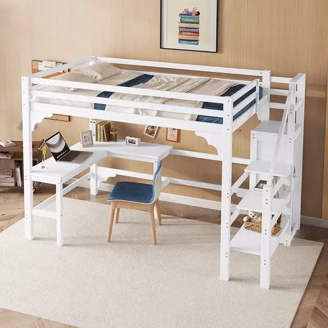 Letto a castello per bambini Xylo in pino e MDF bianco con scala e scomparti laterali L/P/H: 245 x 140 x 175 cm