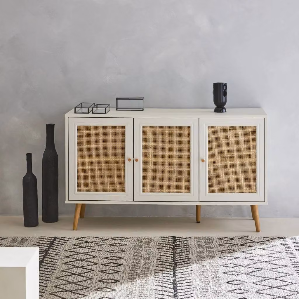 Credenza Sweeek in legno e rattan con design boho, colore bianco, L: 120 cm, H: 70 cm – 2