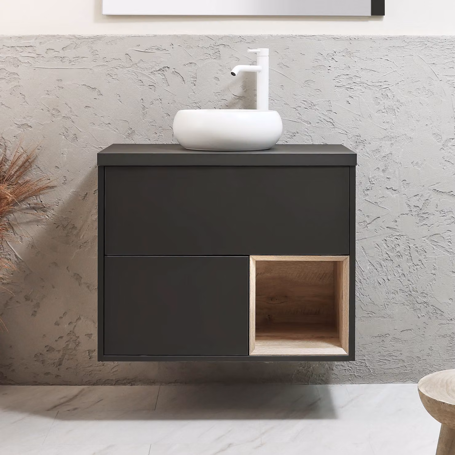 Mobile Bagno Sospeso 800mm Grigio Nero Con Lavabo Appoggio Bianco Chalk - Hoxton