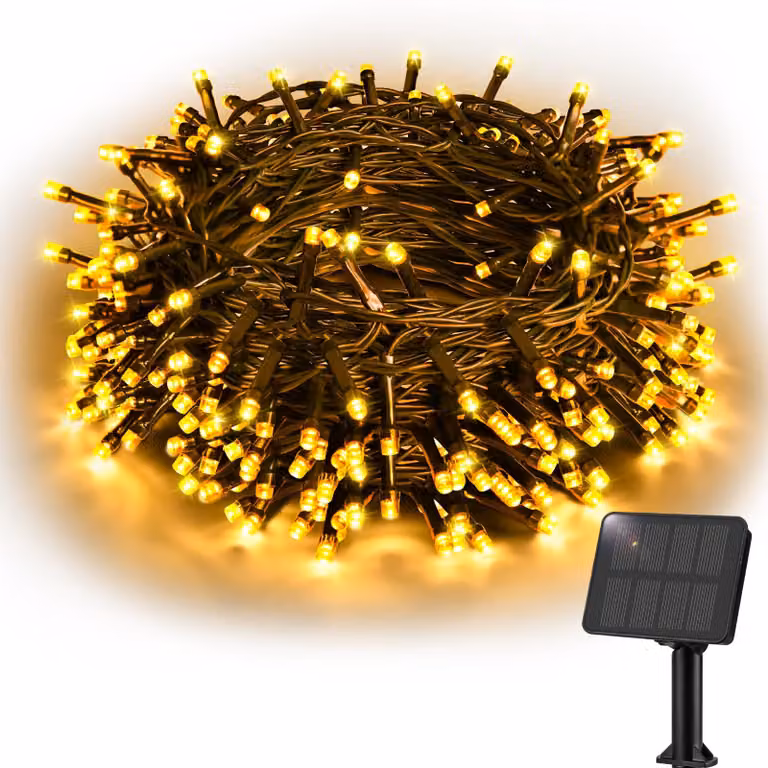 Catena luminosa solare, 12 metri, 120 LED, luce bianco caldo, grado di protezione IP65, 8 modalità