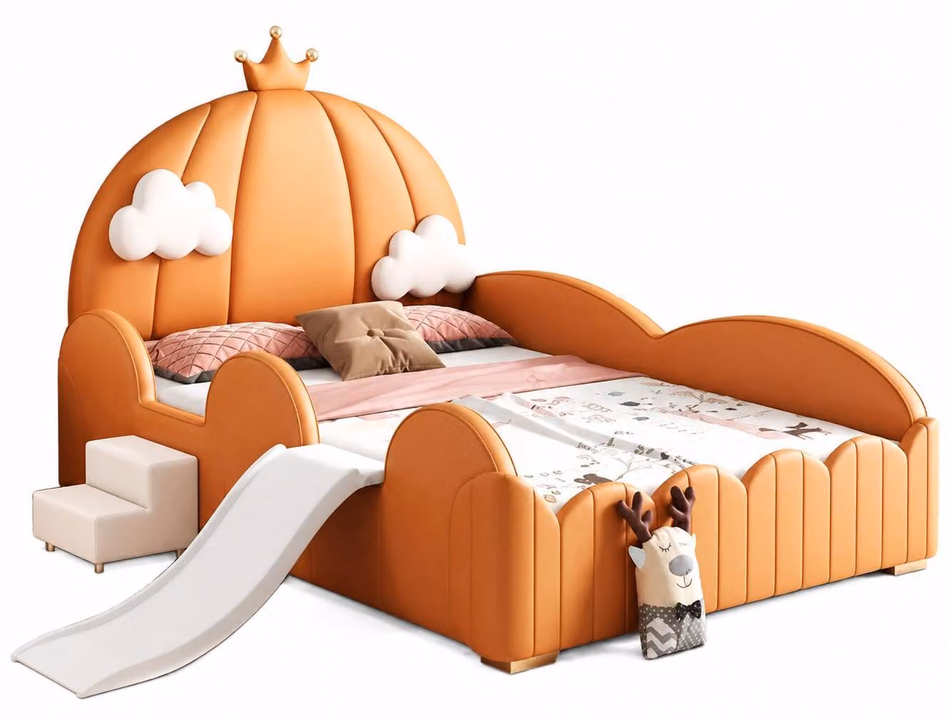 Letto per bambini marrone con sponde laterali, dotato di scivolo e scaletta