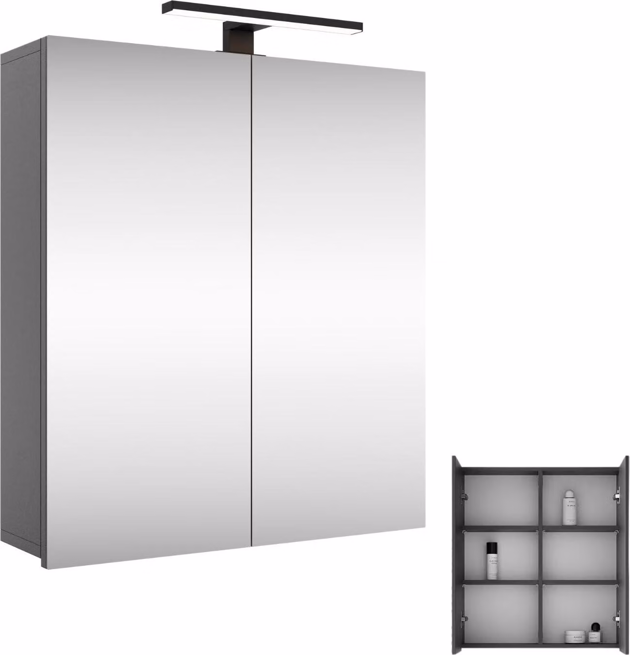 Planetmöbel Merkur mobile a specchio bagno Larghezza 60 cm mobile bagno sospeso con specchio, antracite, con luce LED nera
