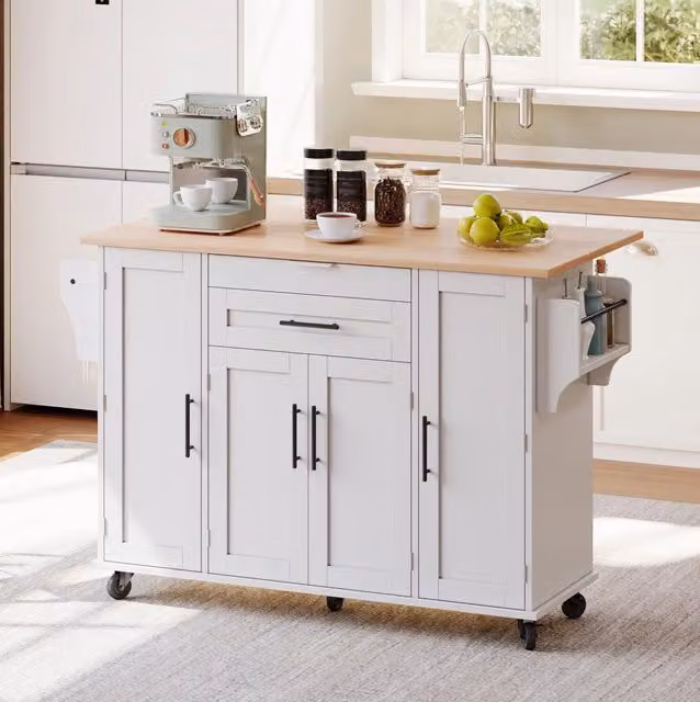 Isola cucina mobile 136x70x92 cm con piano estraibile e cassetto nascosto in MDF bianco e naturale
