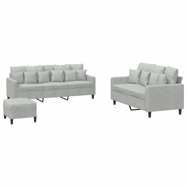 Set di Divani 3 pz con Cuscini Grigio Chiaro in Velluto