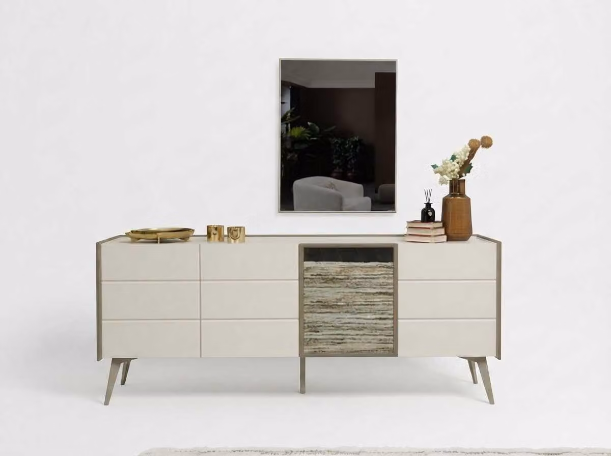 Set contenitore beige, design moderno, lussuoso, composto da: mobile contenitore, specchio da parete, credenza