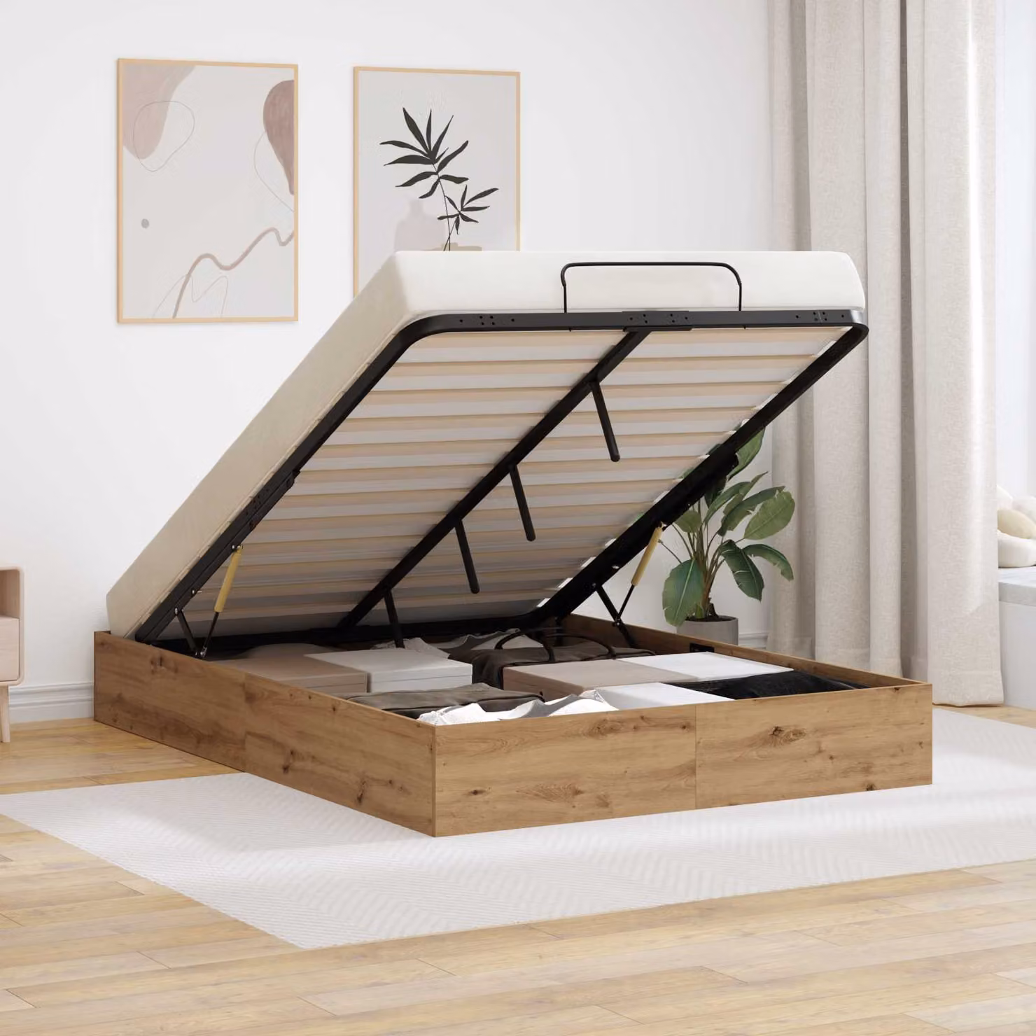 Letto ottomano moderno vidaXL in legno color rovere con contenitore a sollevamento L: 135 cm, P: 193 cm, H: 240 cm