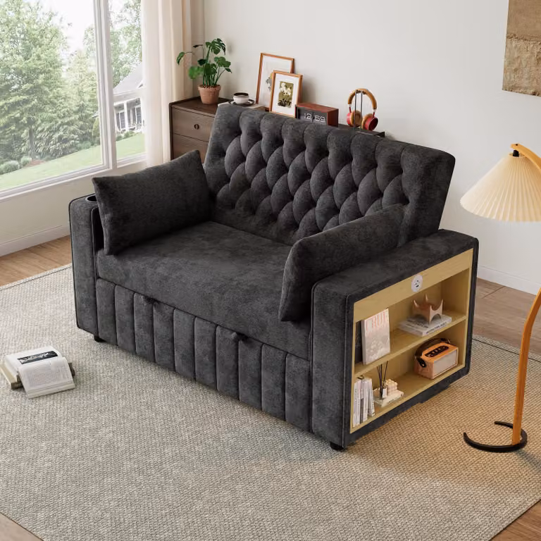 Divano letto STILVORA con cuscini e schienale regolabile, divano pieghevole con portabevande e porta USB, divano singolo poltrona relax con tasca porta riviste, grigio, tessuto ciniglia