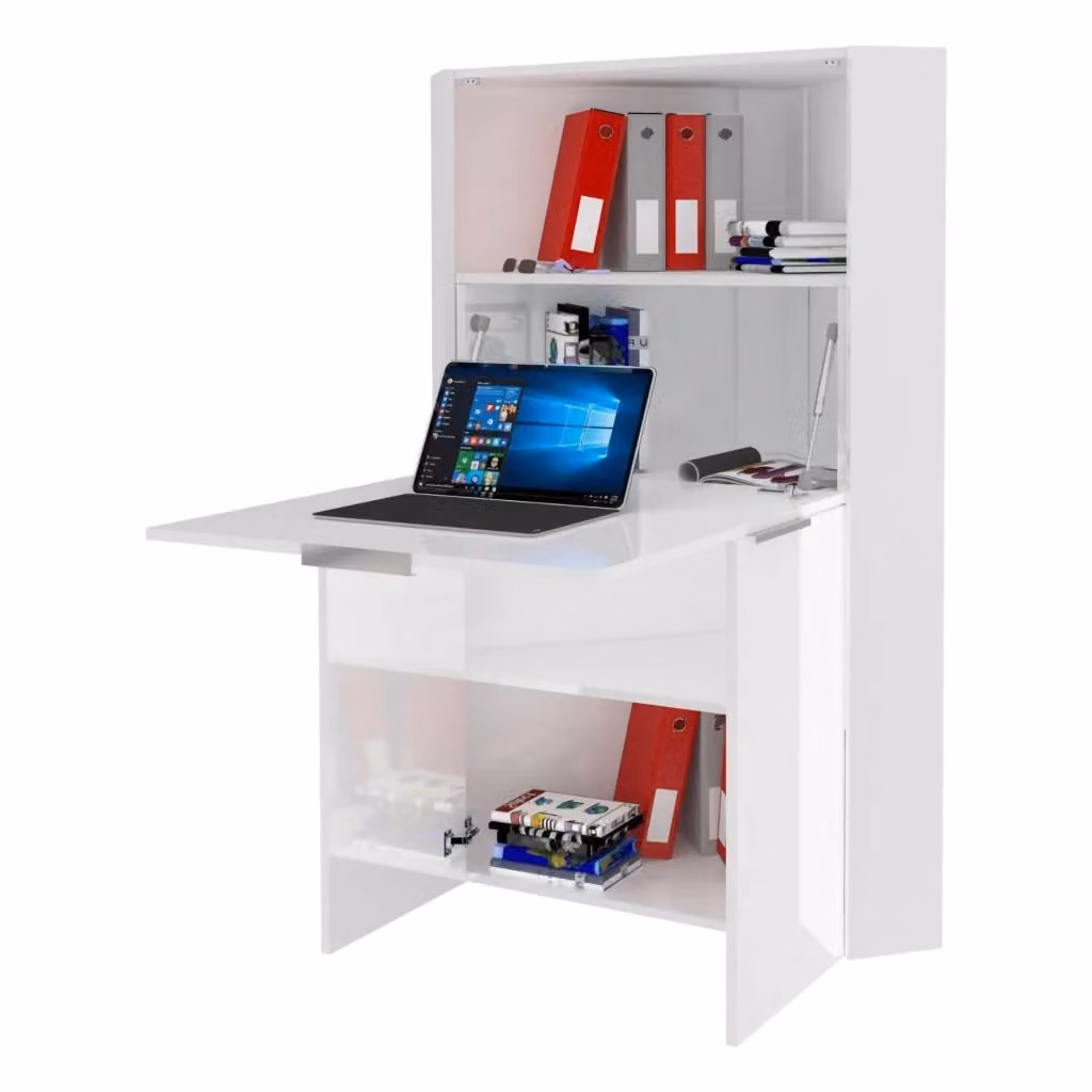 DMORA Scrivania a secretaire moderna con piano ribaltabile Bianco Lucido L 70 cm, P 35 cm, H 140 cm – 2