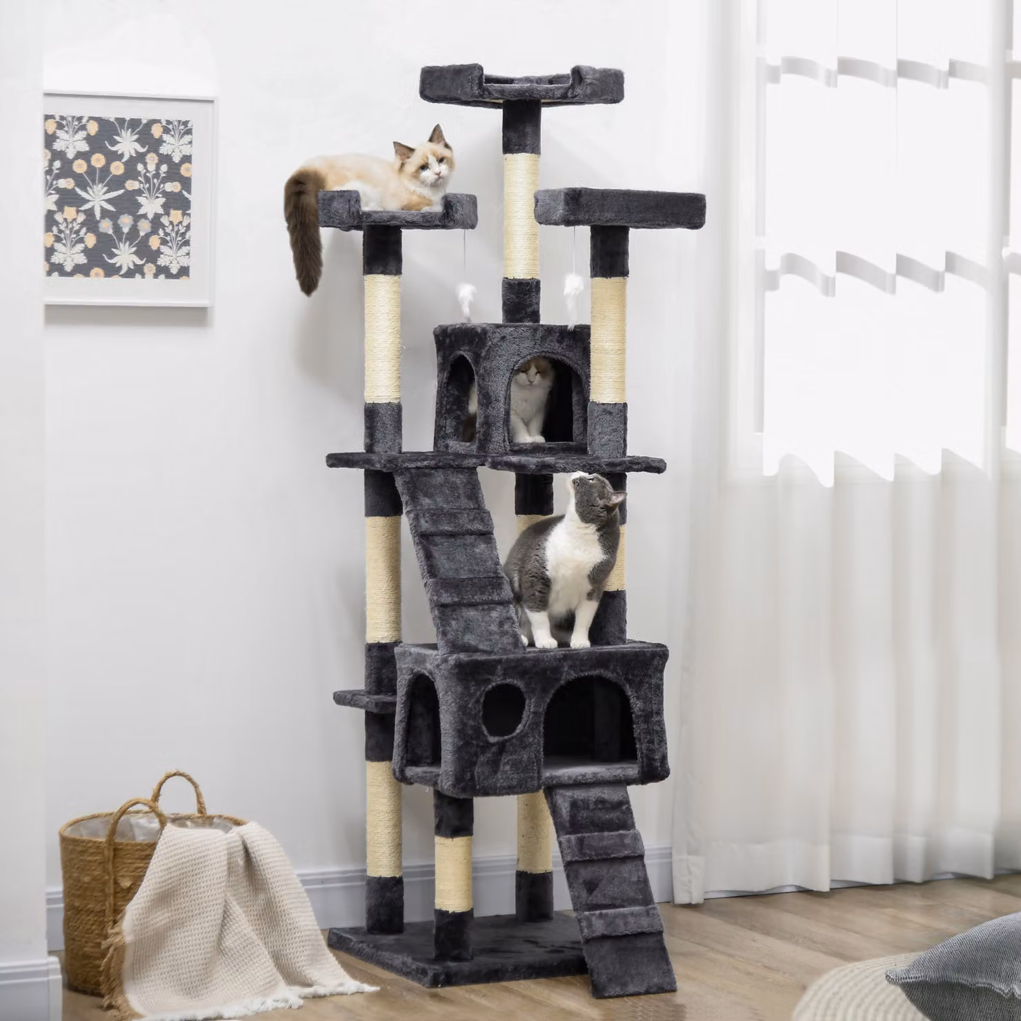 Albero Tiragraffi per Gatti PawHut con 3 Posatoi, 2 Casette e Giochi Integrati in Legno e Peluche, Grigio Antracite – 2
