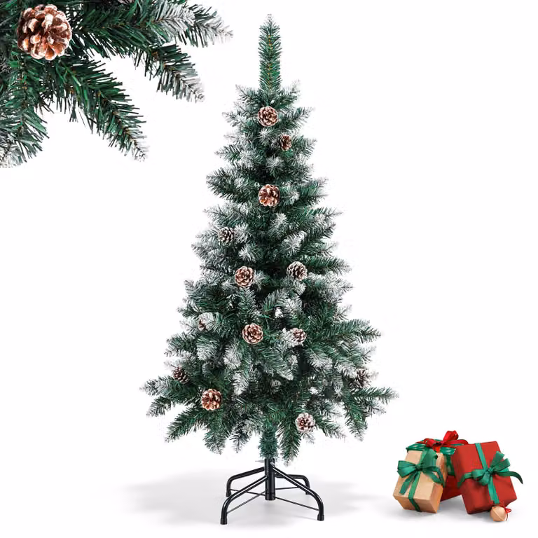 Albero di Natale Ikodm, 120 cm, artificiale, con neve artificiale, dotato di 15 pigne, 180 punte di ramo e base in metallo