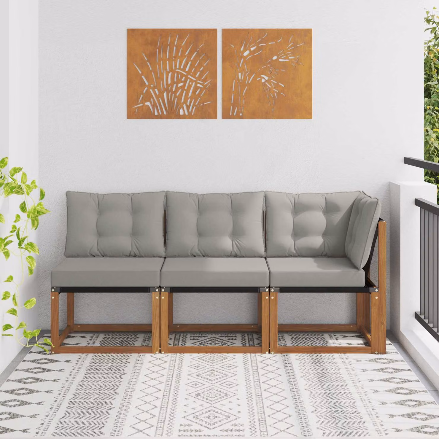 Set di divano modulare da esterno angolare vidaXL in legno di acacia con cuscini in tessuto textilene, colore naturale
