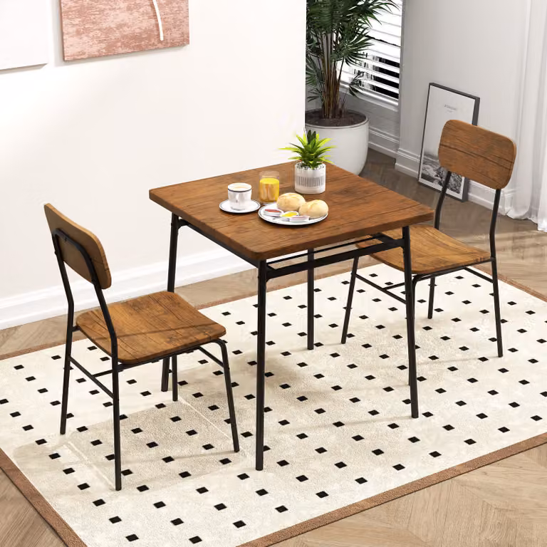 Set da pranzo Costway composto da tavolo quadrato con scaffale e 2 sedie in legno marrone per cucina o sala da pranzo