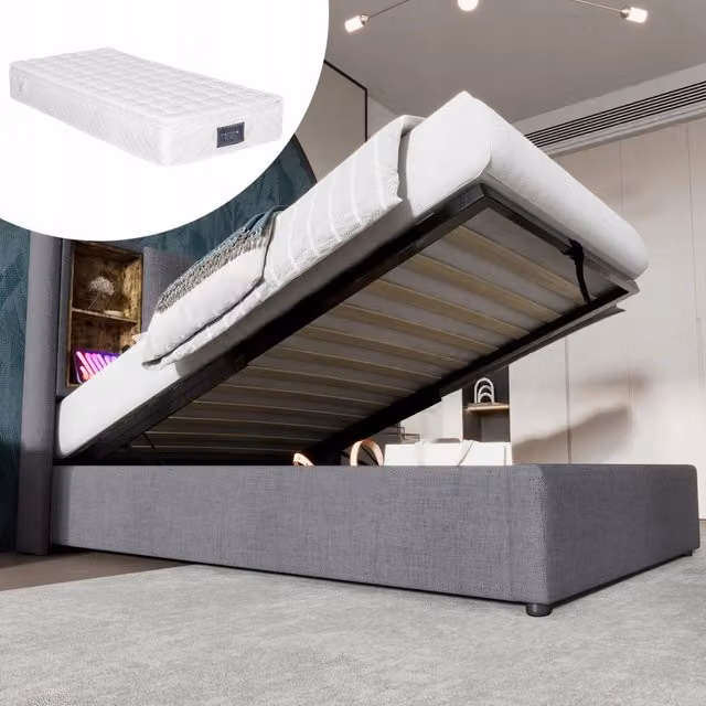 Letto singolo imbottito - Xylo - 90x200 - Grigio - Caricabatterie wireless, USB-C, con materasso