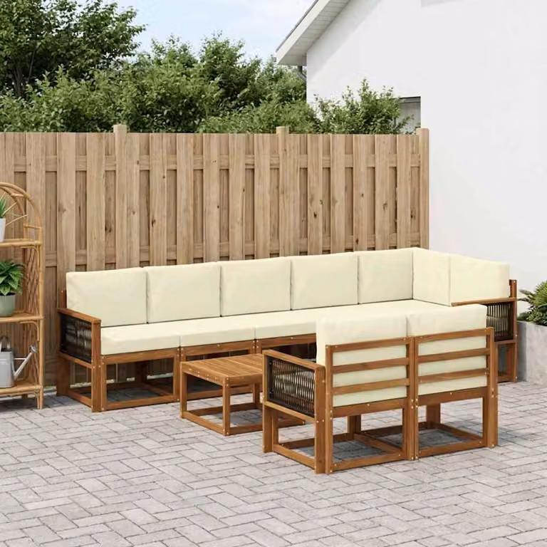 Set di divani da esterno vidaXL 9 pezzi a forma di L in legno di acacia con tavolino da caffè, colore beige e crema, con cuscini inclusi
